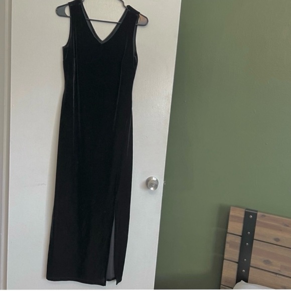 90s vintage fashion bug black velour high slit front sleeveless vneck midi dress - Picture 1 of 8